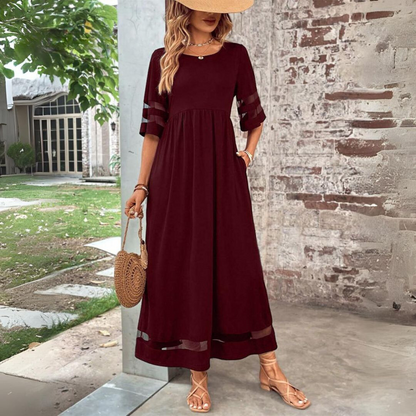 Robe midi bordeaux, taille froncée, manches 3/4 à empiècements, ourlet contrasté