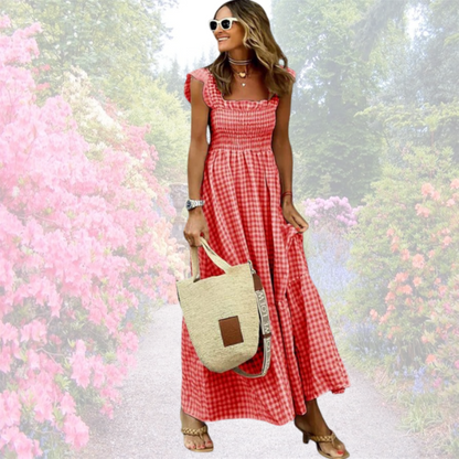 Robe longue évasée à carreaux Vichy rouge, encolure carrée, jupe ample