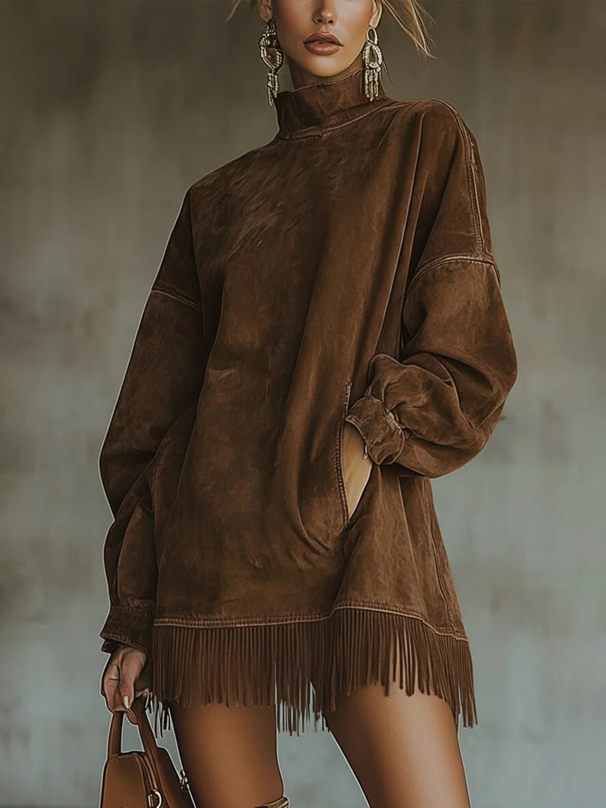 Robe tunique en daim marron à col montant, manches longues et franges en bas