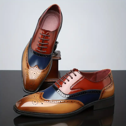 Chaussures brogues wingtip vintage en cuir orange, bleu et blanc, vue de face et profil