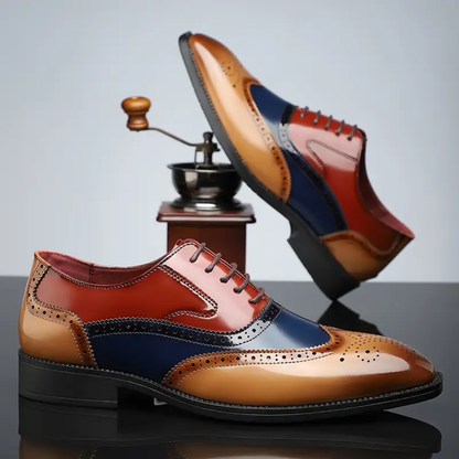 Chaussures brogues wingtip vintage orange, bleu et rouge, semelle noire, lacets