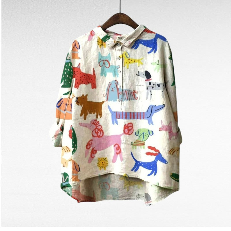 Chemise claire ample à col boutonné, motif multicolore d’animaux, manches longues