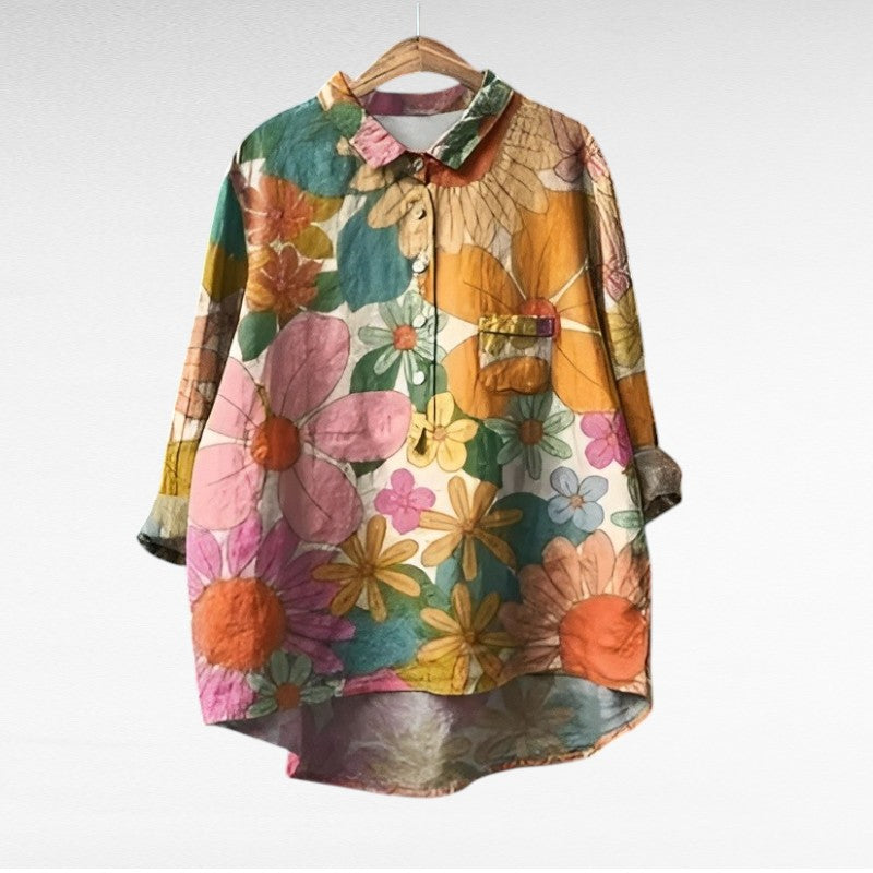 Blouse en lin multicolore à fleurs, col chemise, boutons, manches longues amples