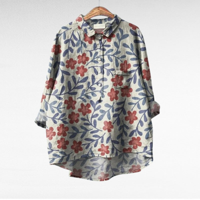 Chemisier en lin à col chemise, boutons, motif fleurs et feuillages bleu rouge et crème