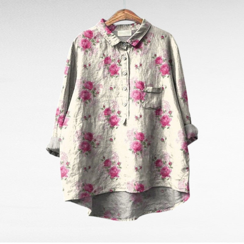 Chemisier en lin gris clair, col chemise, boutons, fleurs roses, poche poitrine