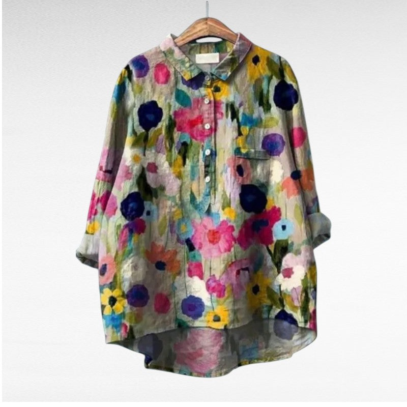 Chemisier d’été en lin multicolore à boutons, col chemise, poches poitrine