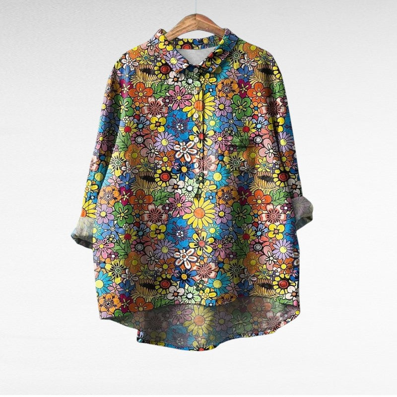 Blouse en lin Noémie, col chemise, manches trois-quarts, imprimé floral multicolore