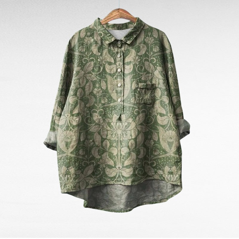 Blouse en lin Noémie, col chemise, manches trois-quarts, imprimé cachemire vert