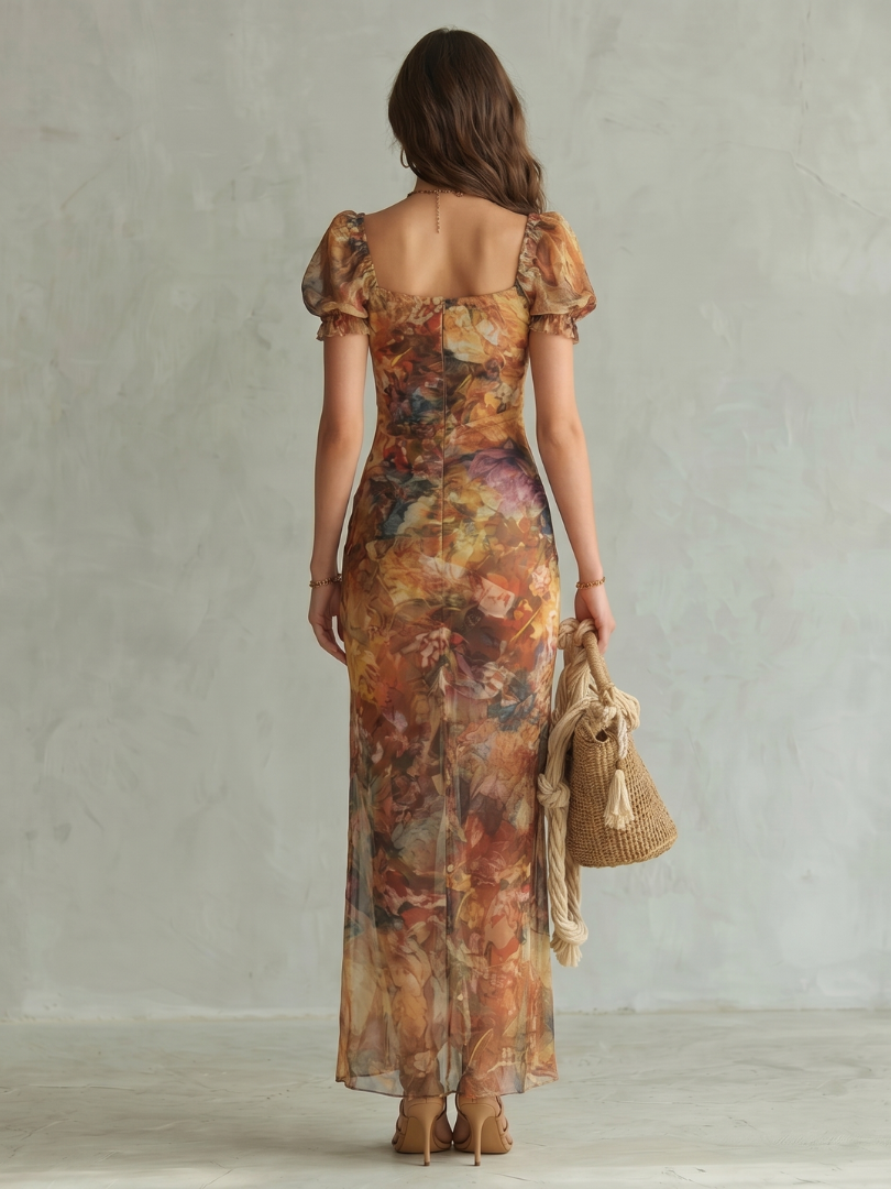 Robe midi fendue multicolore, dos découvert et manches volantées, vue arrière
