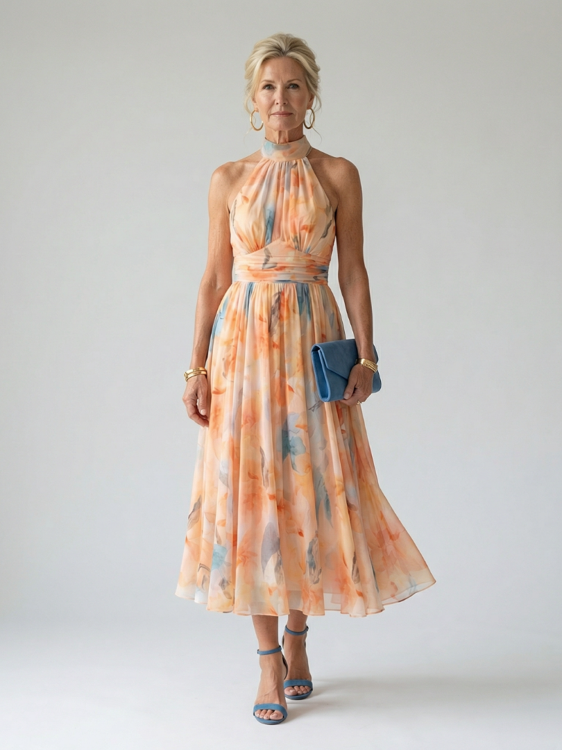 Robe mi-longue à licou, empiècement au buste, motifs pêche et bleu multicolores.