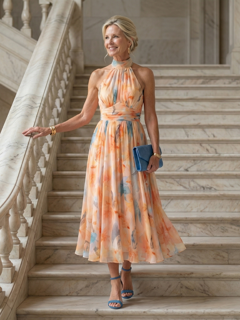 Robe mi-longue à licou, jupe évasée, motifs multicolores pêche et bleu.