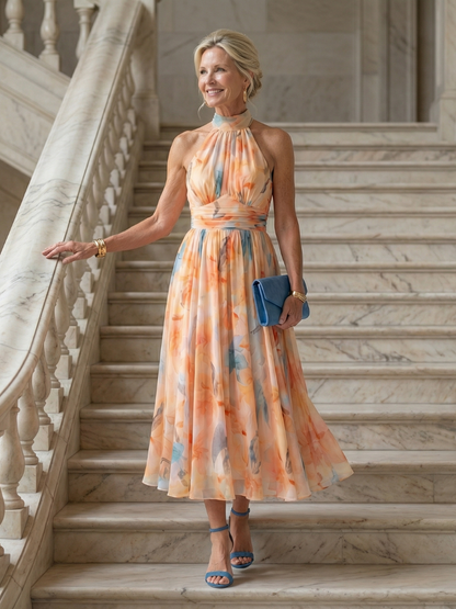 Robe mi-longue à licou, jupe évasée, motifs multicolores pêche et bleu.