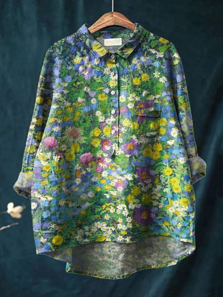 Tunique en tissu multicolore à fleurs, col boutonné, manches longues, poche poitrine