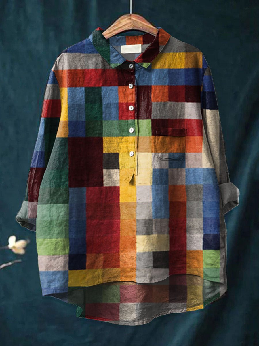 Chemise Iris multicolore à manches longues, imprimé color block à carreaux, boutonnée.
