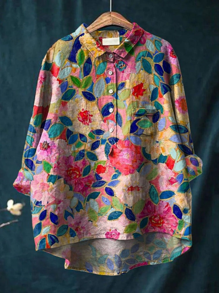 Chemise brodée fleurs multicolores, boutonnée, col classique, poche poitrine
