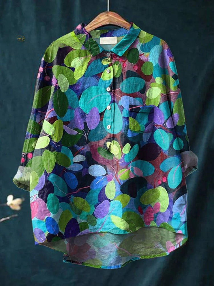 Chemise brodée fleurs multicolores, manches longues, col et poche poitrine