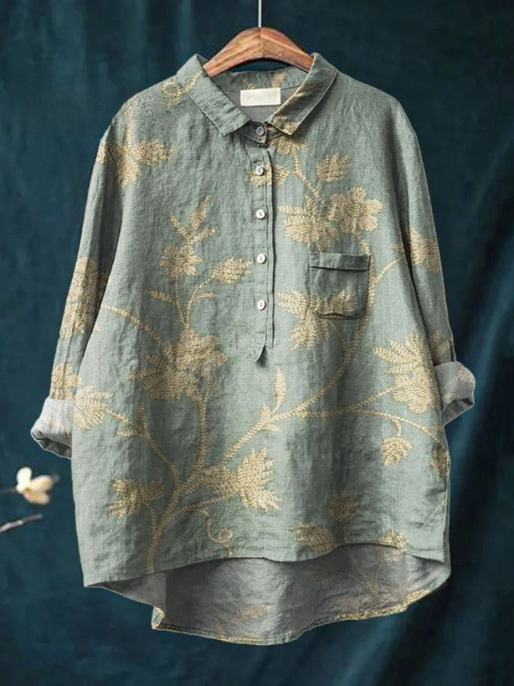 Chemise brodée fleurs sur fond gris, boutonnée, col classique, poche poitrine