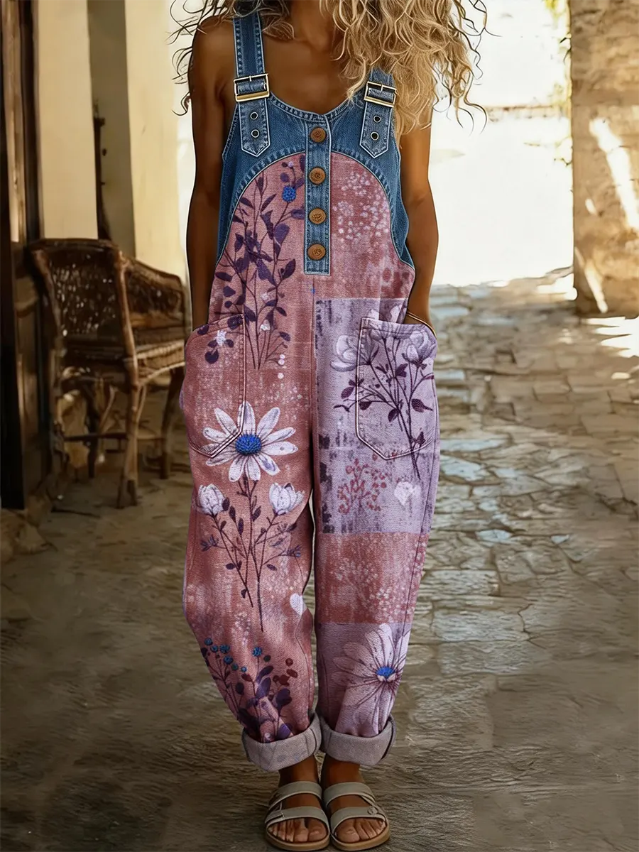 Combinaison-pantalon en jean patchwork violet et rose, imprimé floral