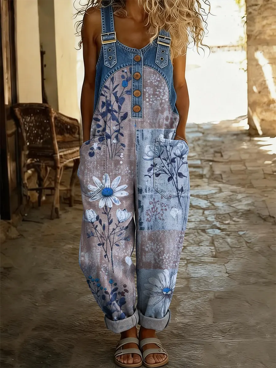 Combinaison-pantalon en jean patchwork bleu et violet, imprimé floral