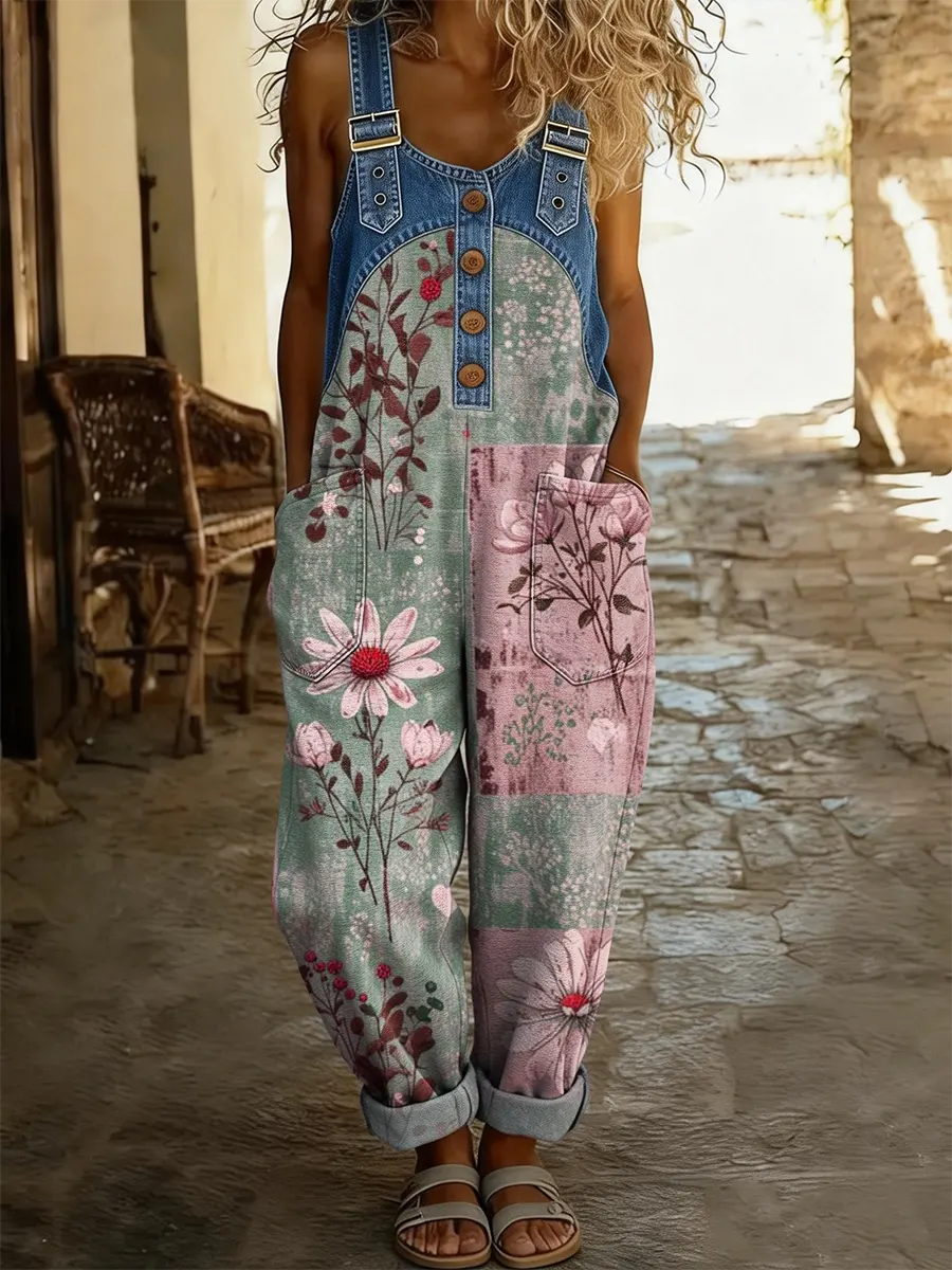 Combinaison-pantalon en jean patchwork rose et vert, imprimé floral