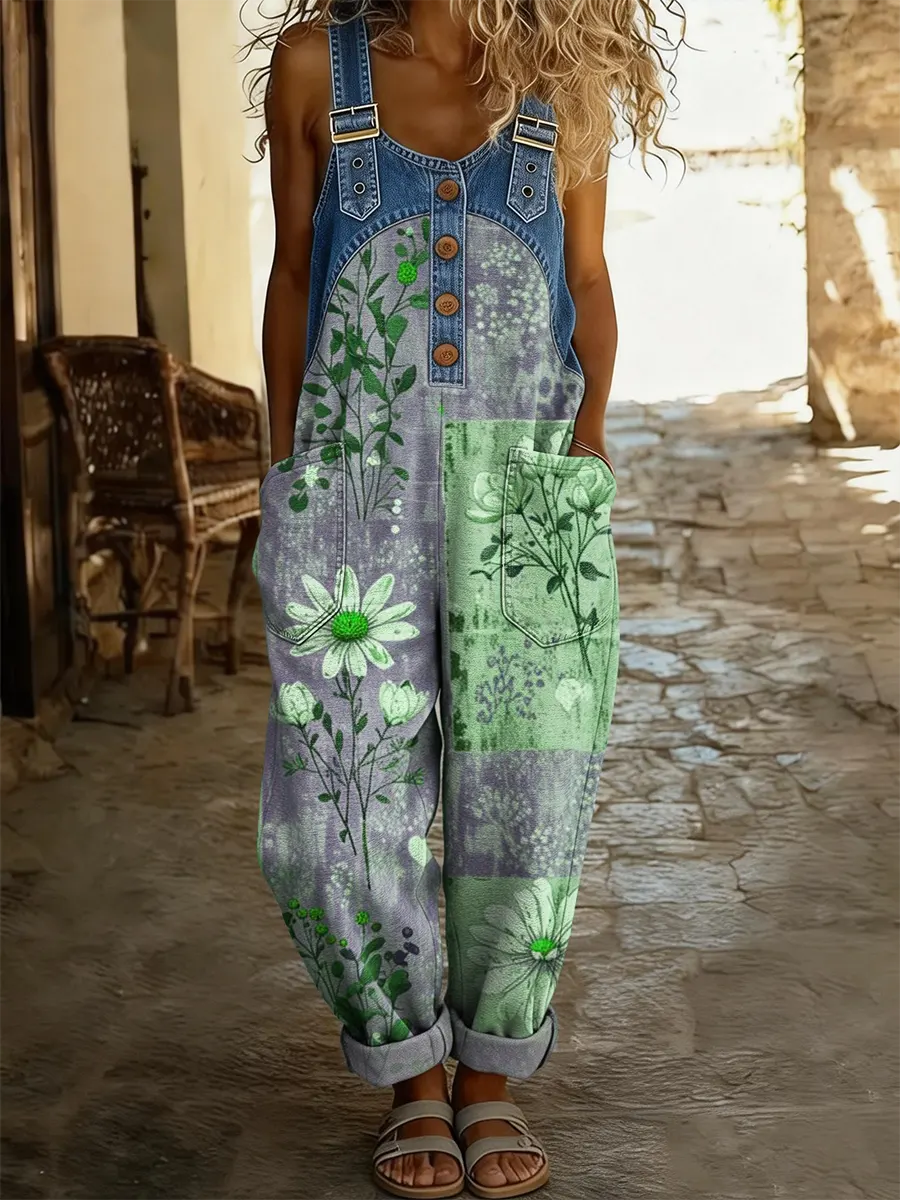 Combinaison-pantalon en jean patchwork vert et violet, imprimé floral