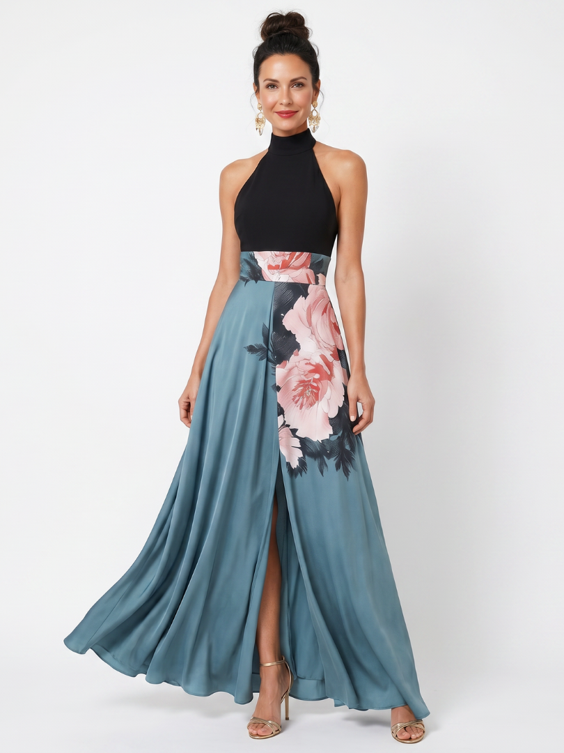 Robe longue col montant noire et jupe bleue fleurie rose, coupe évasée