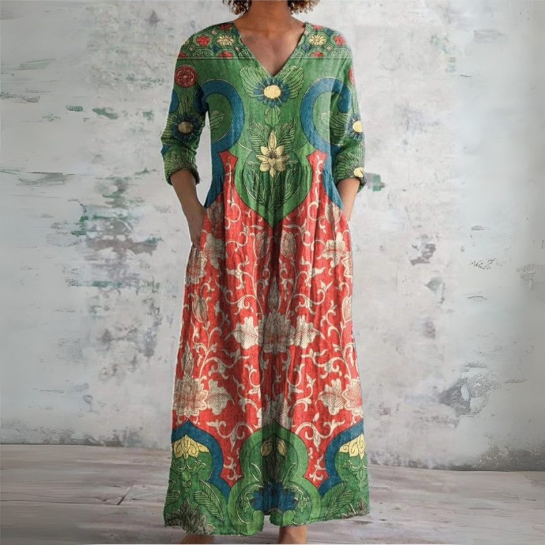 Robe longue multicolore à imprimé fleuri vintage, encolure V, manches trois-quarts