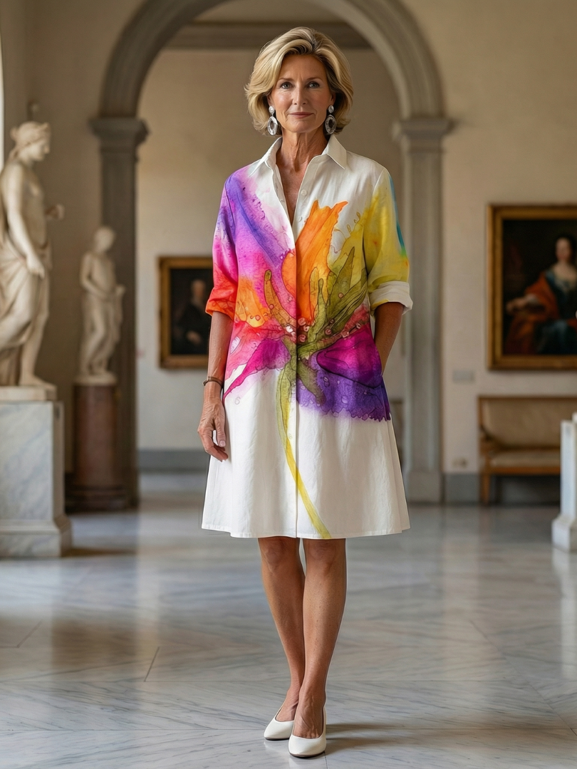 Robe Ulyssa blanche évasée, manches 3/4 et col, motifs jardin colorés type aquarelle