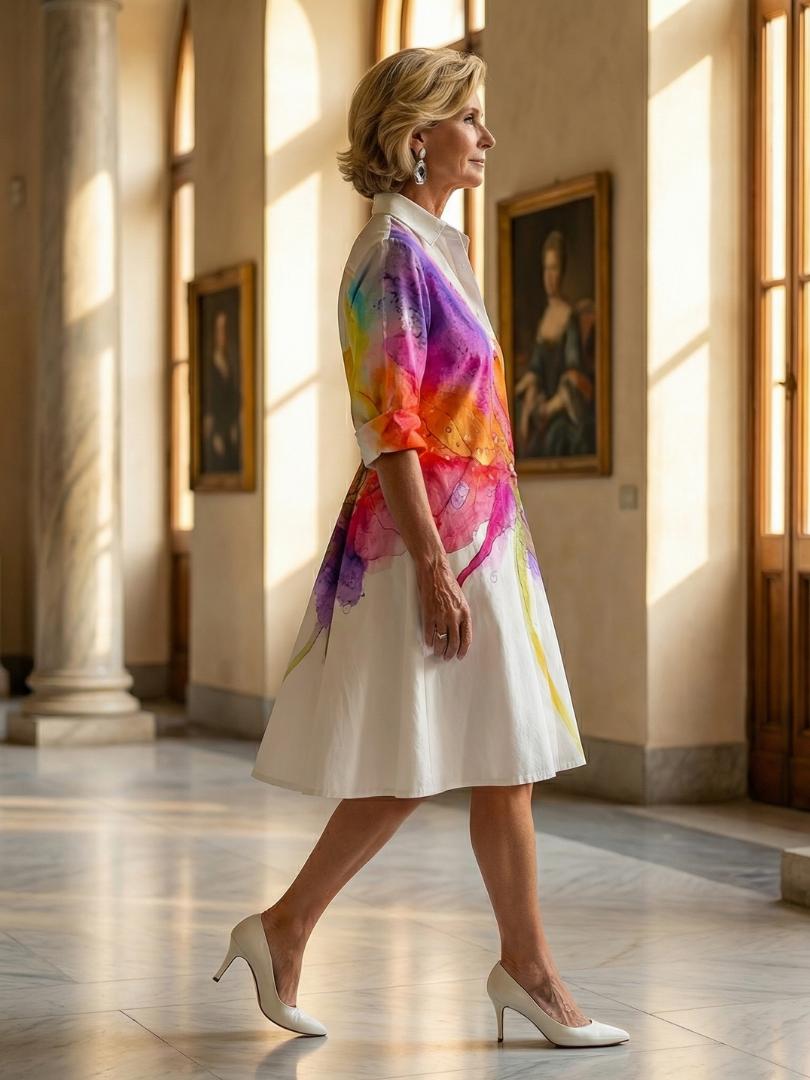 Robe Ulyssa blanche à col chemise, manches courtes, imprimé jardin multicolore sur le devant