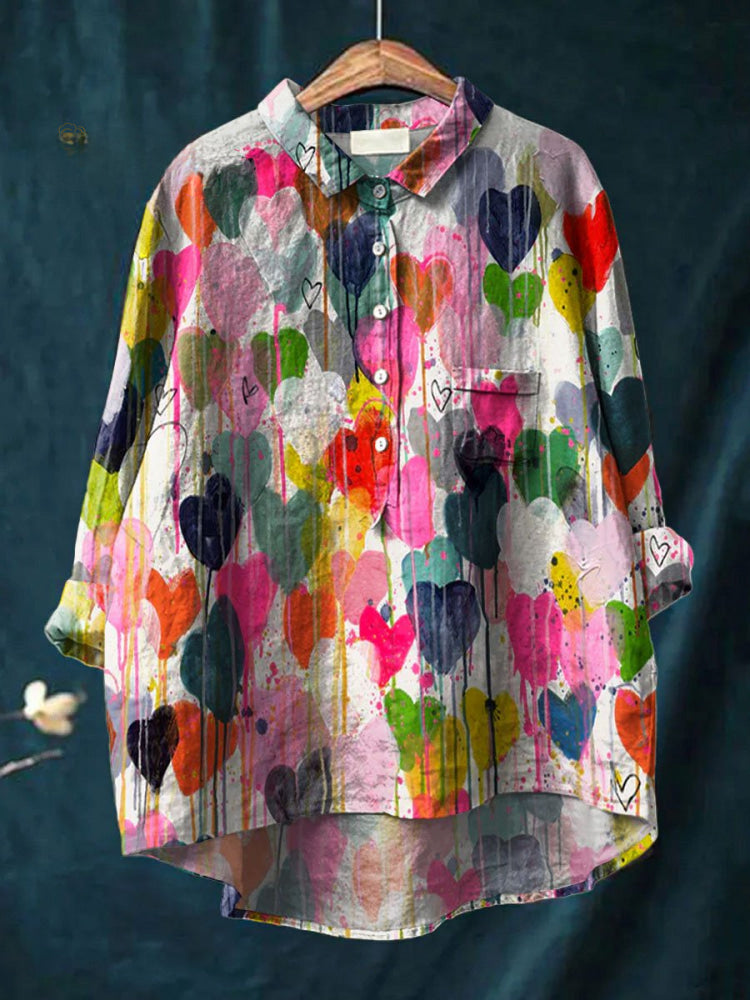 Chemise en coton multicolore à imprimé cœurs, col et boutons, manches longues