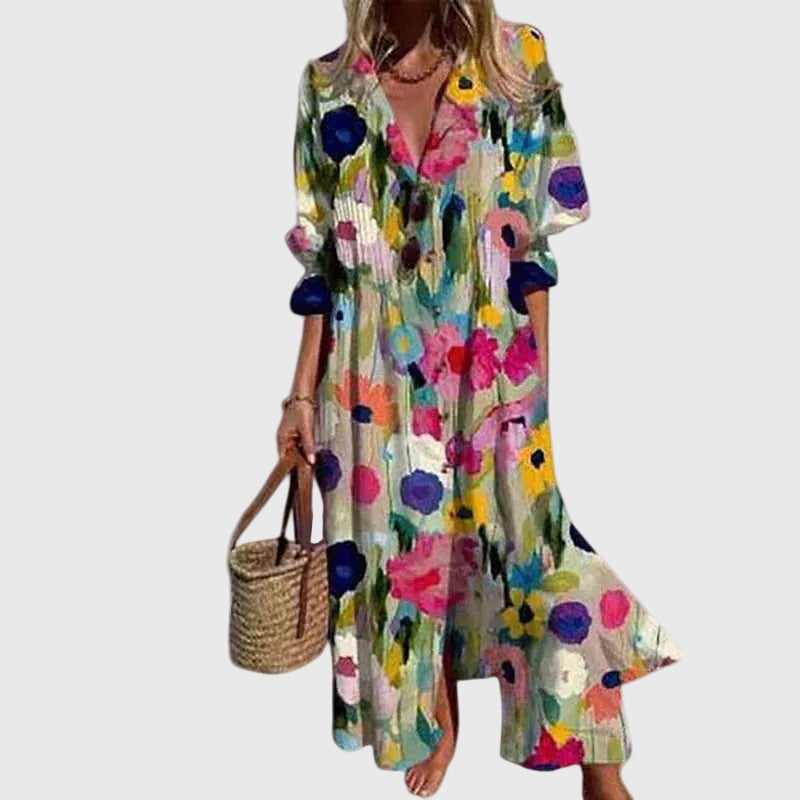 Robe maxi bohémienne à imprimé floral multicolore, encolure en V et manches courtes