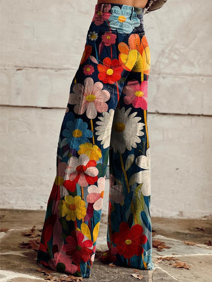 Pantalon ample à fleurs multicolores, taille élastiquée, jambes larges
