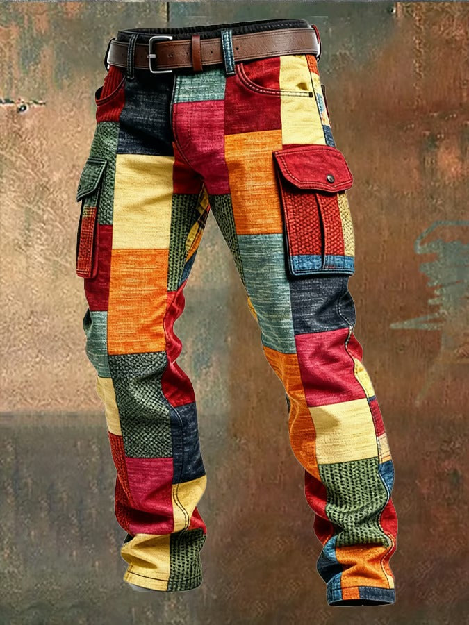 Pantalon cargo homme patchwork multicolore, poches plaquées et rabats, ceinture à boucle