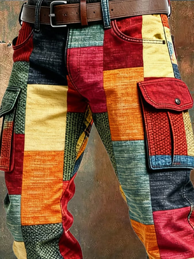 Pantalon cargo patchwork multicolore avec grande poche latérale à rabat et patte boutonnée
