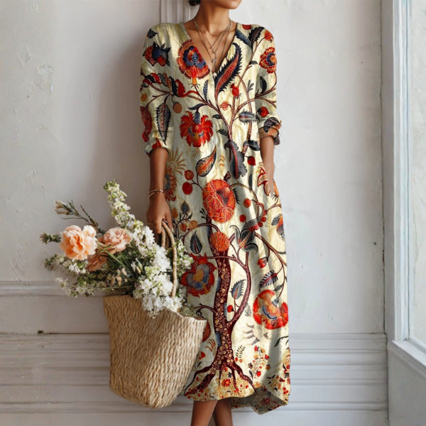 Robe florale bohémienne Kendra™ à col en V, manches longues, fond clair multicolore