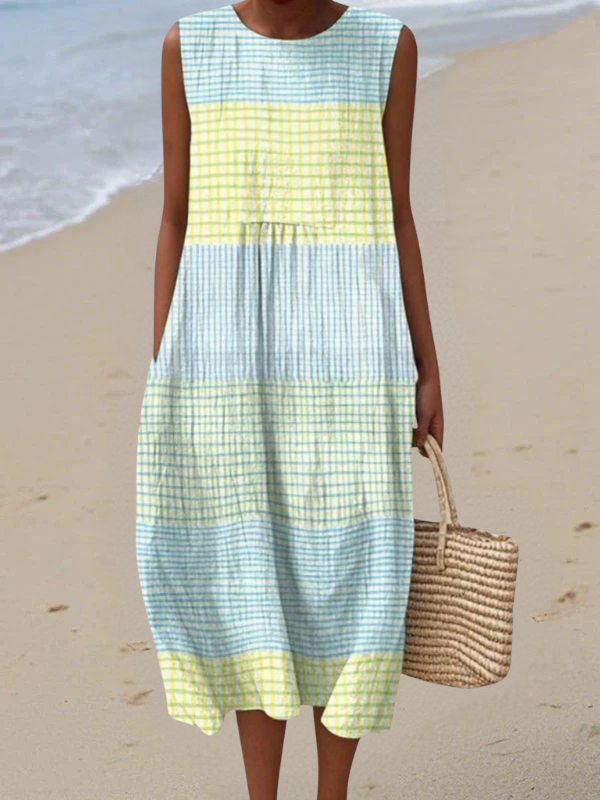 Robe d’été sans manches, motif vichy multicolore, coupe évasée mi-longue