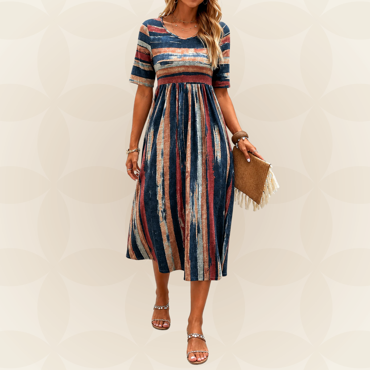Robe midi rayée multicolore, manches courtes, encolure ronde, jupe évasée mi-longue
