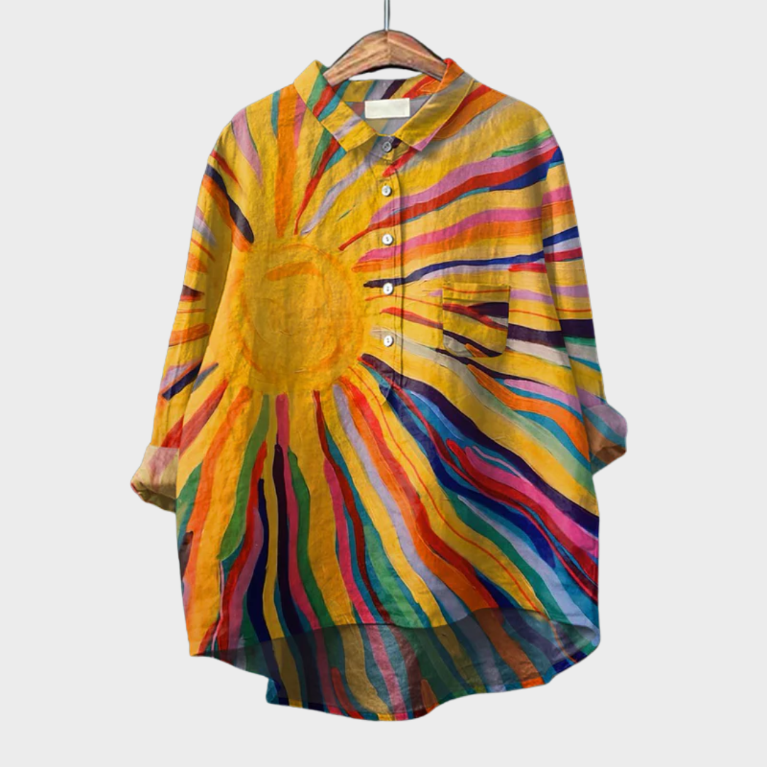 Chemisier d’été multicolore à manches trois-quarts, col chemise et boutons, poche poitrine
