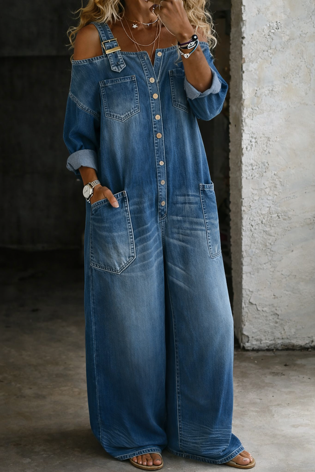 Combinaison en jean bleu à épaules nues, boutonnée devant, poches et jambes larges.