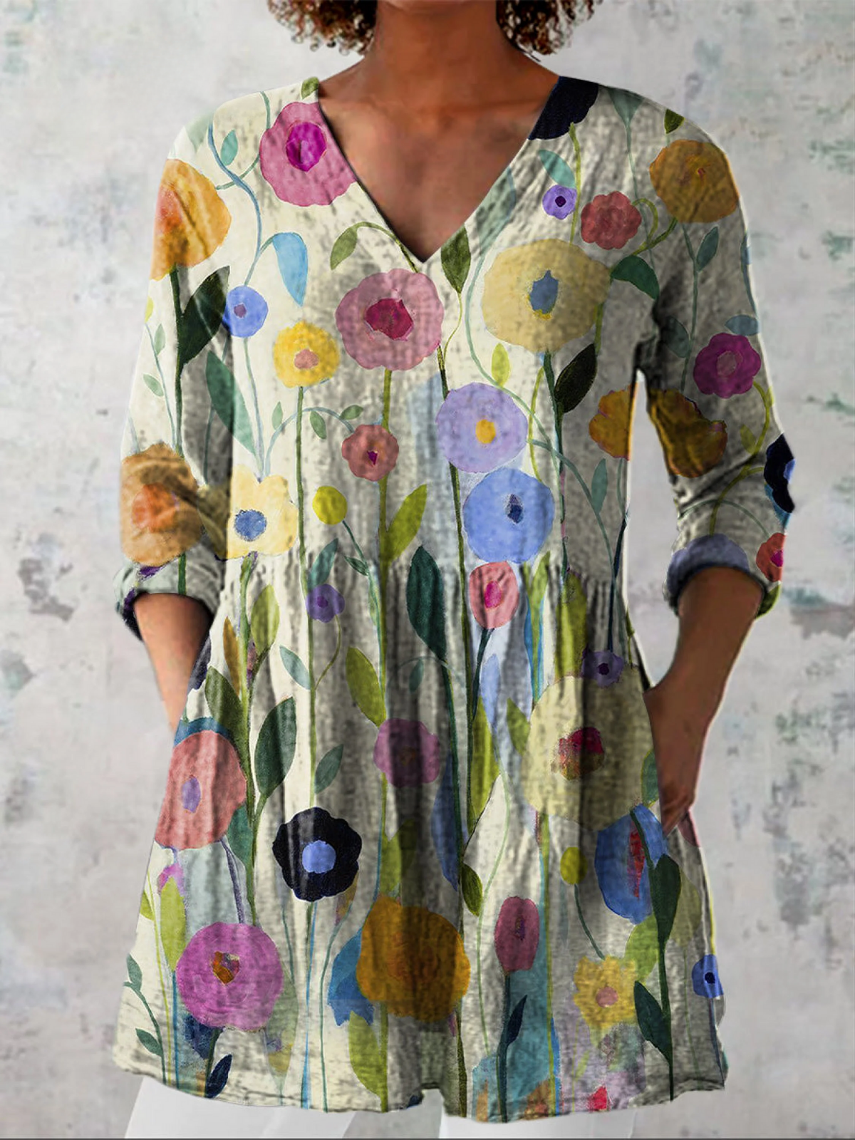Blouse longue à col en V, motif floral multicolore, manches longues évasées