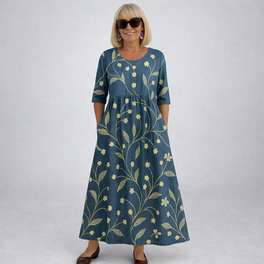 Robe mi-longue à fleurs bleu marine, col rond, manches 3/4, coupe évasée