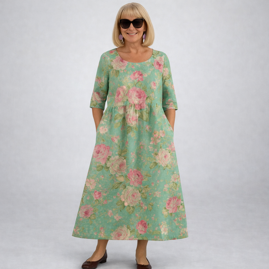 Robe mi-longue à fleurs roses et vert, col rond, manches 3/4, coupe évasée