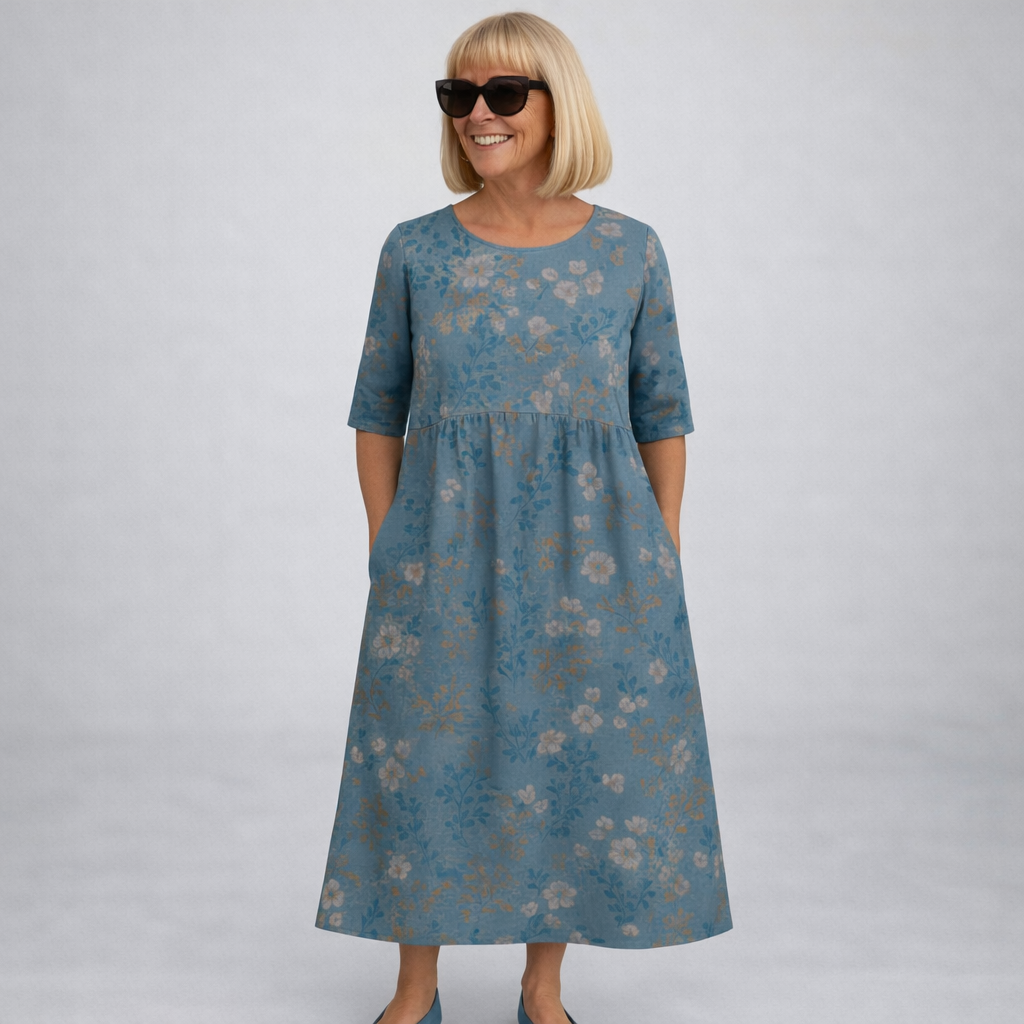 Robe mi-longue à fleurs bleu, col rond, manches 3/4, coupe évasée
