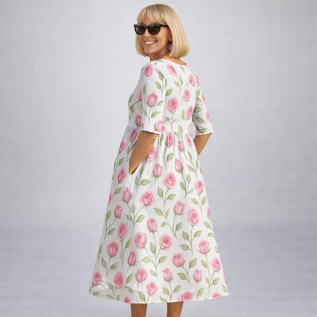 Robe mi-longue à fleurs roses sur fond blanc, col rond, manches 3/4, évasée