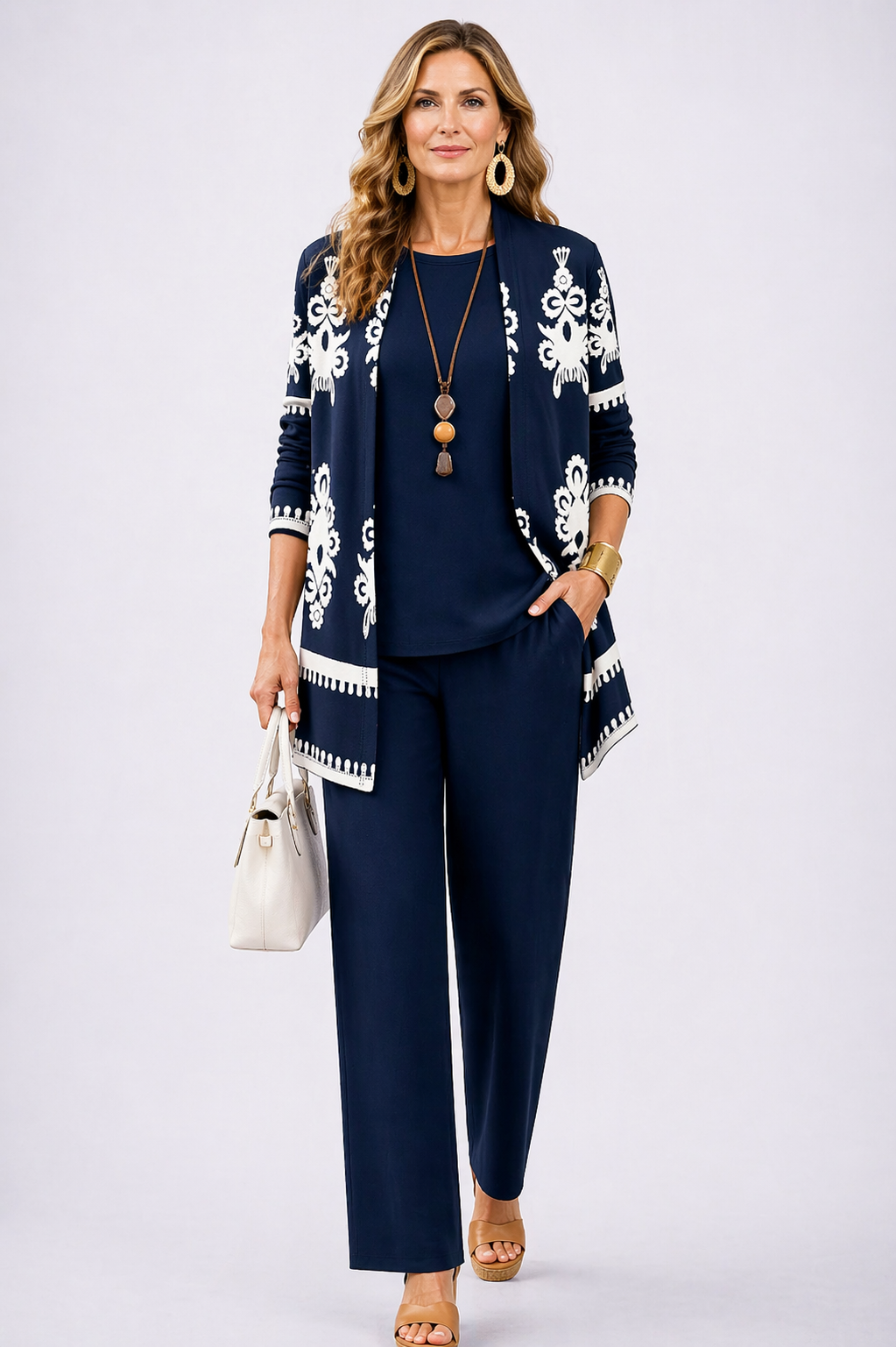 Ensemble 3 pièces bleu marine : veste à motifs blancs, top et pantalon assortis
