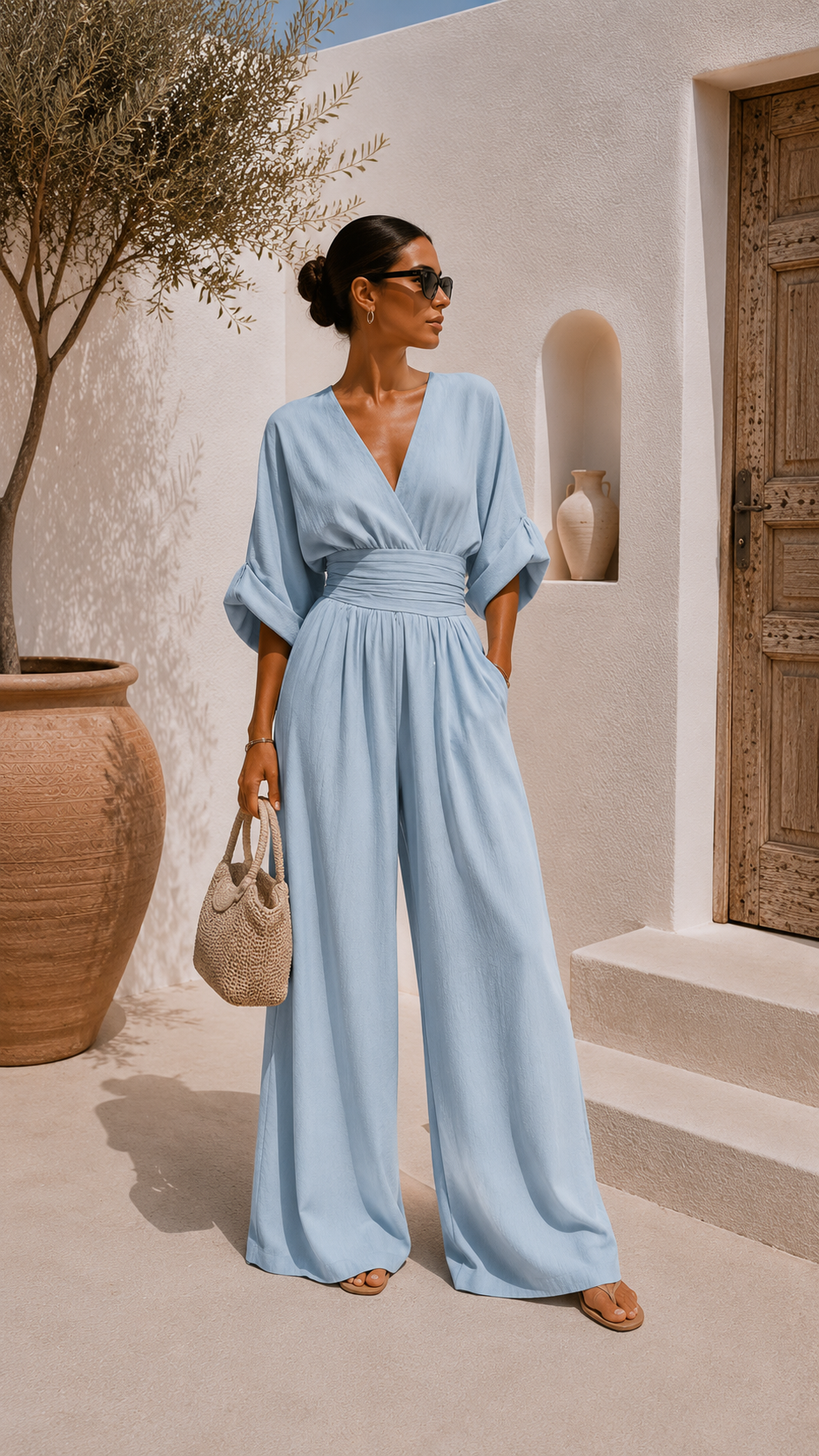 Robe longue bleu ciel en mousseline, décolleté en V, manches évasées, taille froncée