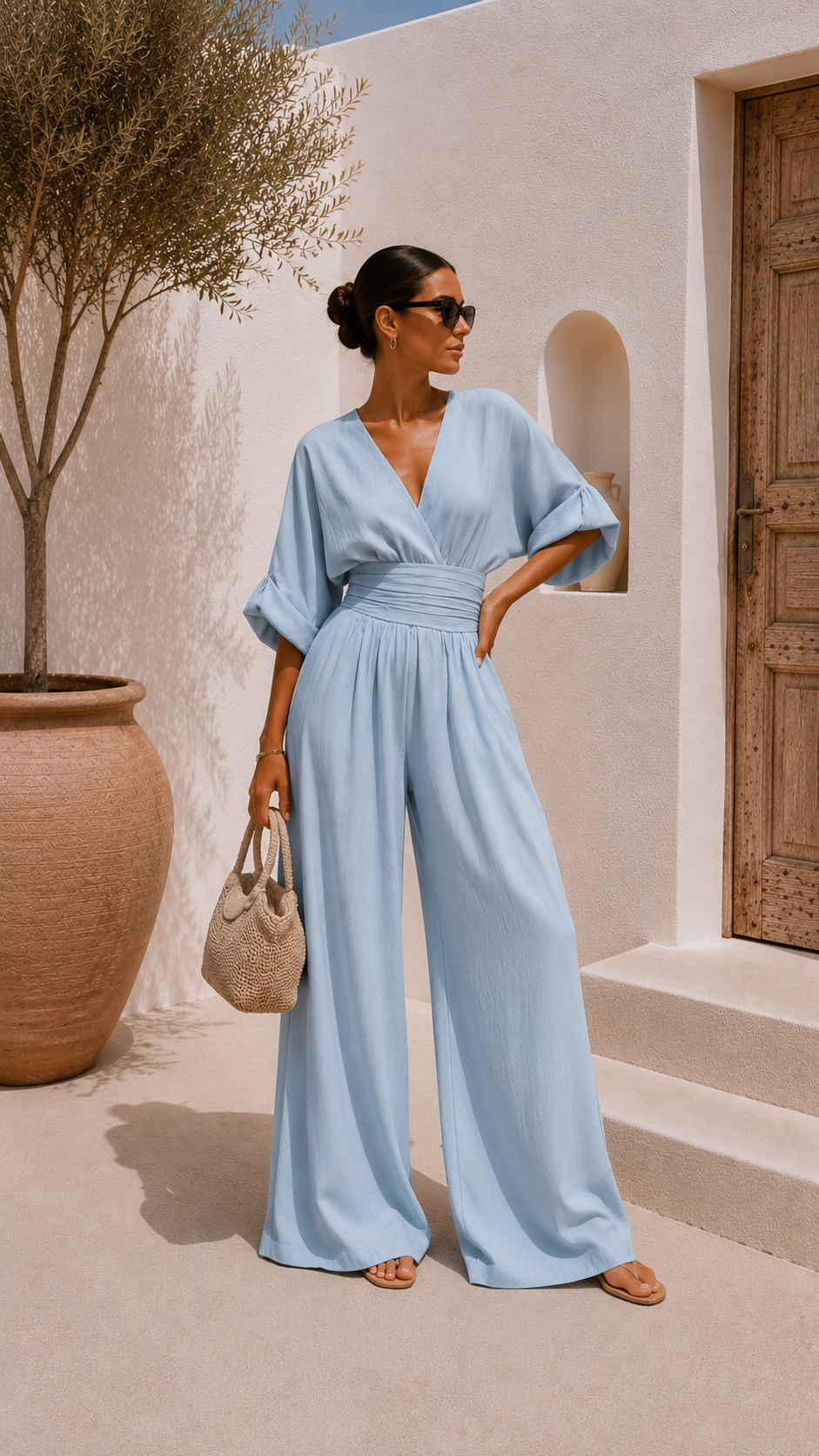 Robe longue en mousseline bleue, décolleté en V, manches amples et taille ceinturée.