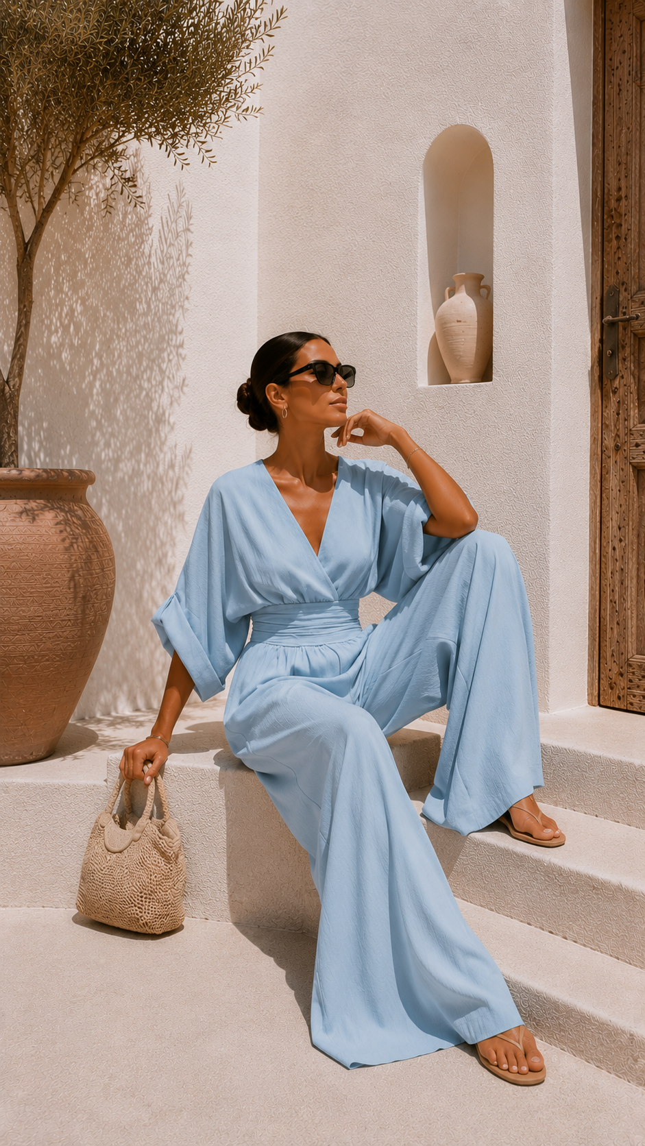 Robe longue en mousseline bleue, décolleté en V, portée assise, manches tombantes.