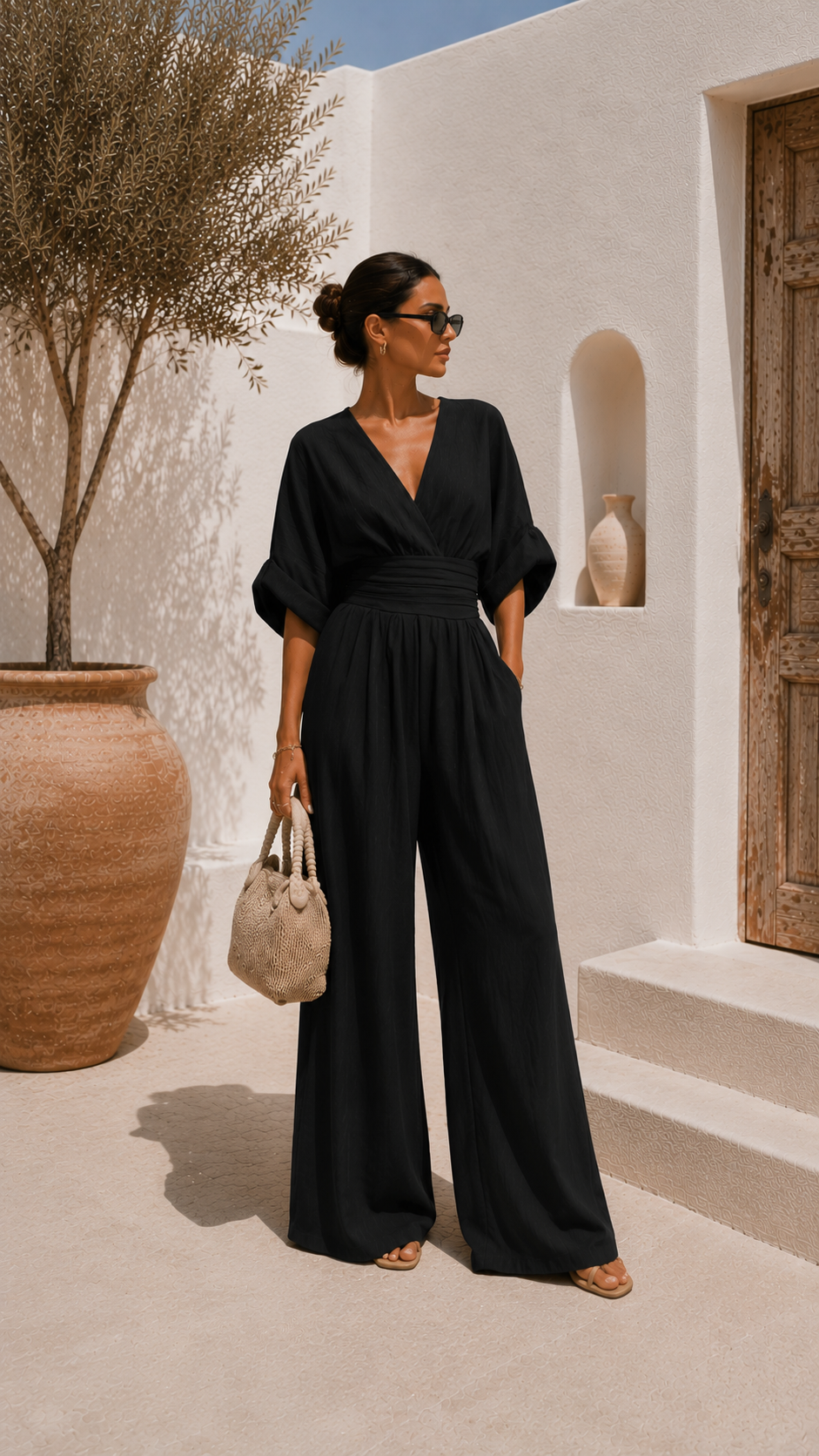 Robe longue en mousseline noire, décolleté en V, manches kimono, taille froncée.
