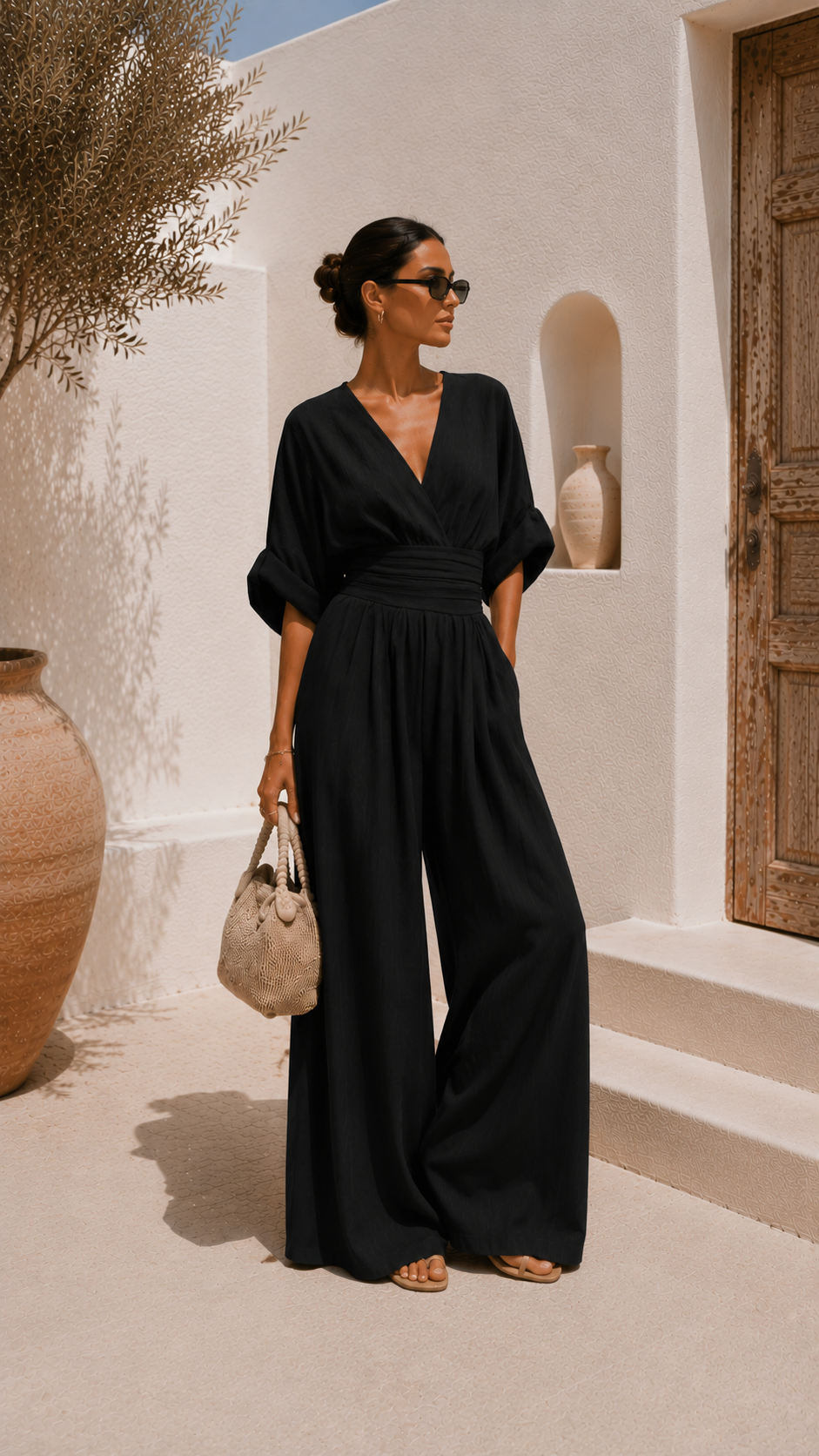 Robe longue en mousseline noire, décolleté en V, manches amples, ceinture à la taille.